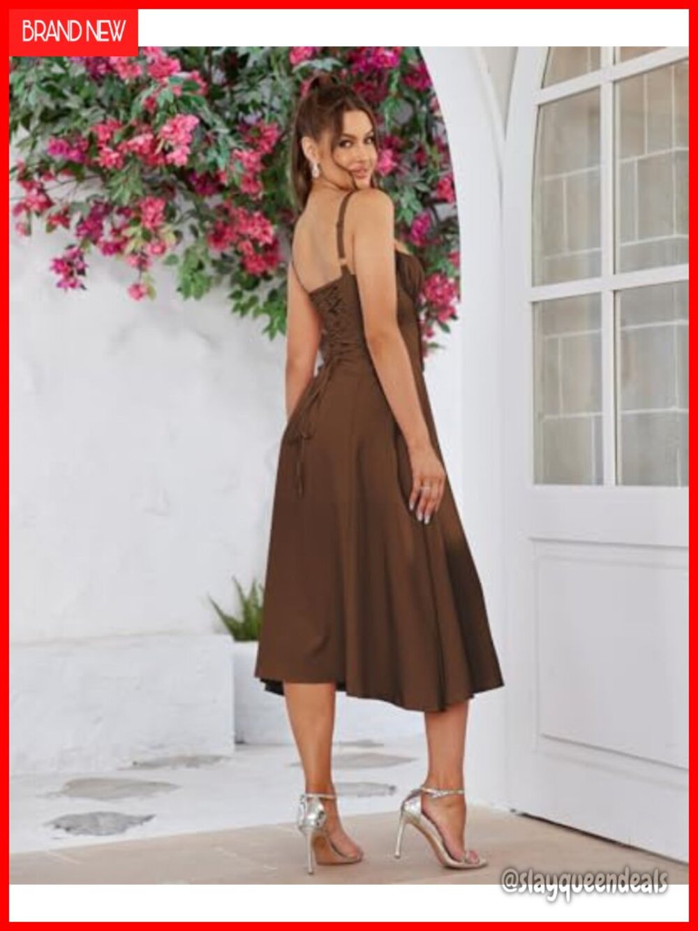 Corset Midi Dress Square Neck Lace Up Back Midi Sundress Wedding Guest